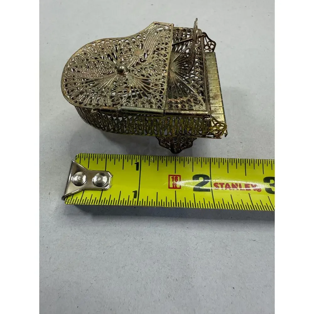 Vintage Silver Filigree Miniature Grand Piano, Wirework Trinket Box, Collectible